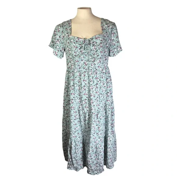 NWT BloomChic Floral Tiered Midi Dress Light Blue Pink Square Neck Pockets US 12 - Picture 1 of 12